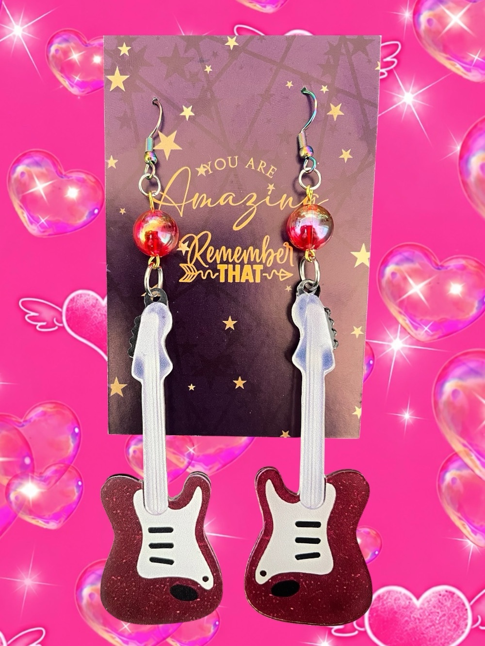 Guitar Dangle Earrings - Red Glitter